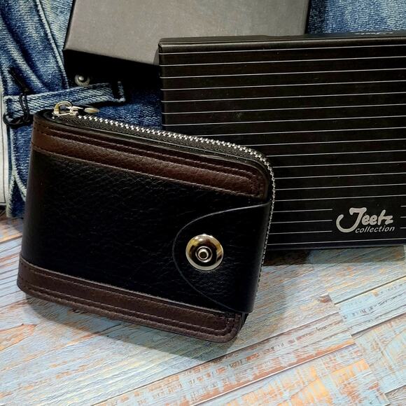 Zipper Wallet for Men Faux Leather Zip Around Black Purse Bifold In Gift Box. - Picture 1 of 6